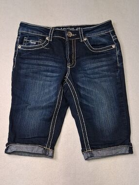 Carreli JEANS Women’s Dark Blue Denim Bermuda Shorts with Contrast Stitching